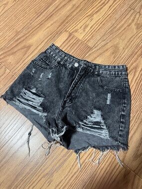 SHEIN Black High-Rise Distressed Denim Shorts